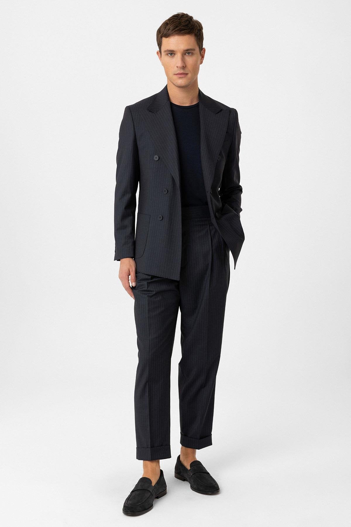 Antioch-Lacivert Kruvaze Kapama İtalyan Kesim Yün Karışımlı Çizgili Erkek Teknik Takım-Takım Elbise-1-Milagron.com