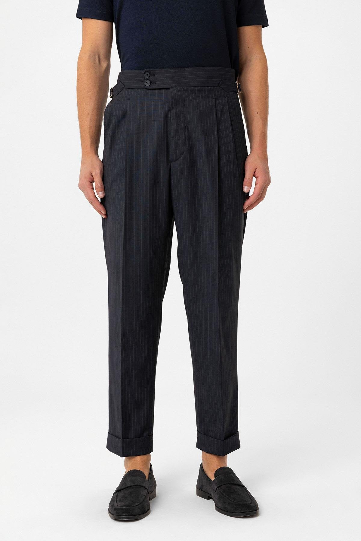 Antioch-Lacivert Kruvaze Kapama İtalyan Kesim Yün Karışımlı Çizgili Erkek Teknik Takım-Takım Elbise-4-Milagron.com