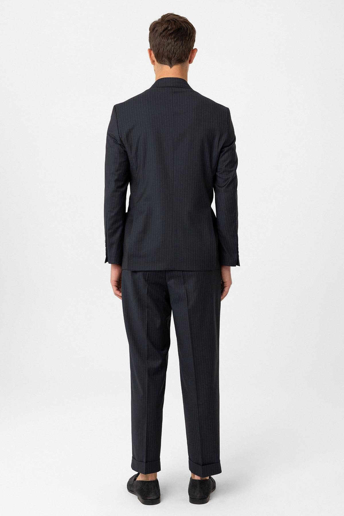 Antioch-Lacivert Kruvaze Kapama İtalyan Kesim Yün Karışımlı Çizgili Erkek Teknik Takım-Takım Elbise-6-Milagron.com