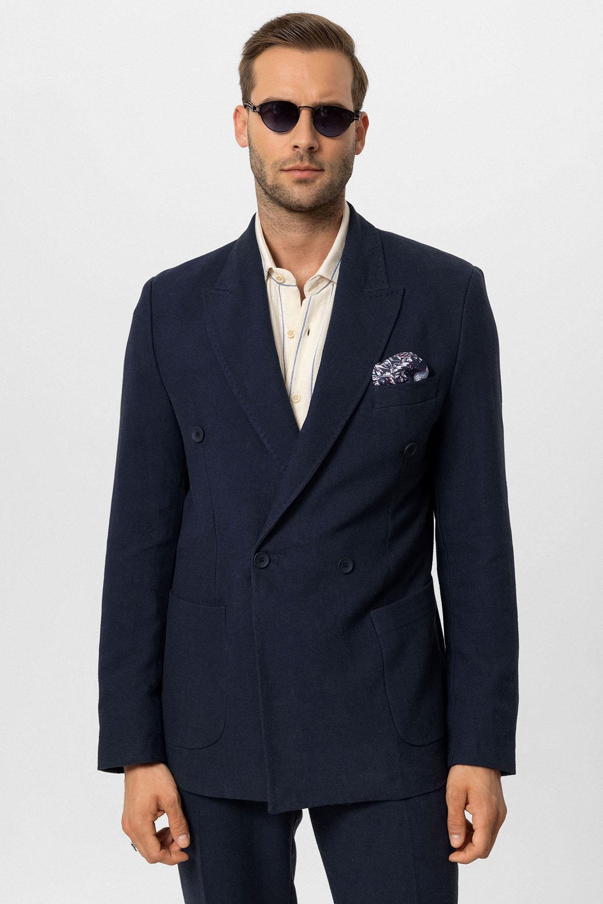 Antioch-Lacivert Kruvaze Kapama Keten Karışımlı Erkek Blazer Ceket-Ceket-1-Milagron.com