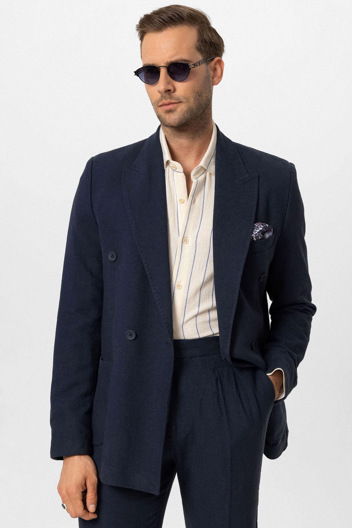 Antioch-Lacivert Kruvaze Kapama Keten Karışımlı Erkek Blazer Ceket-Ceket-2-Milagron.com