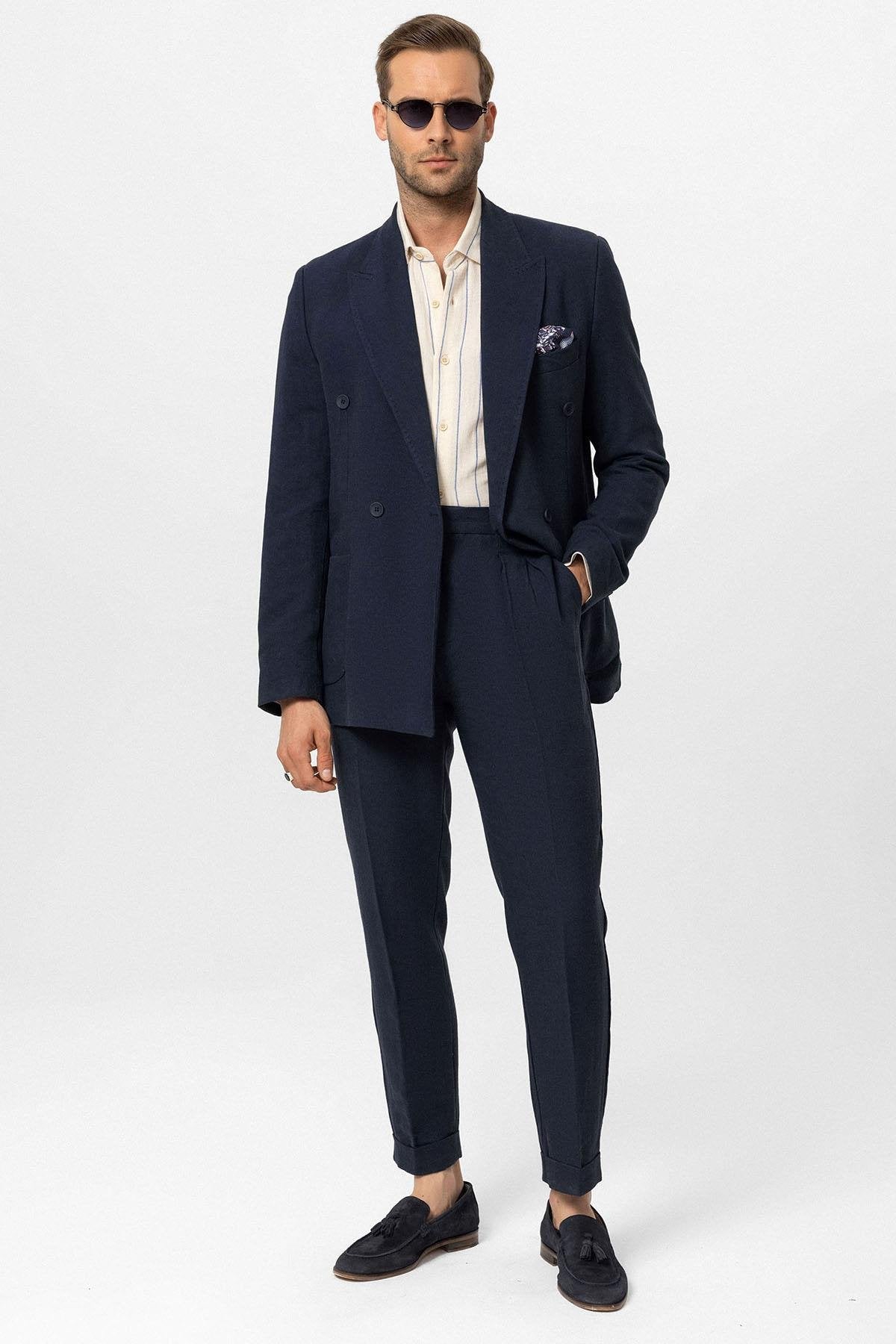 Antioch-Lacivert Kruvaze Kapama Keten Karışımlı Erkek Blazer Ceket-Ceket-3-Milagron.com