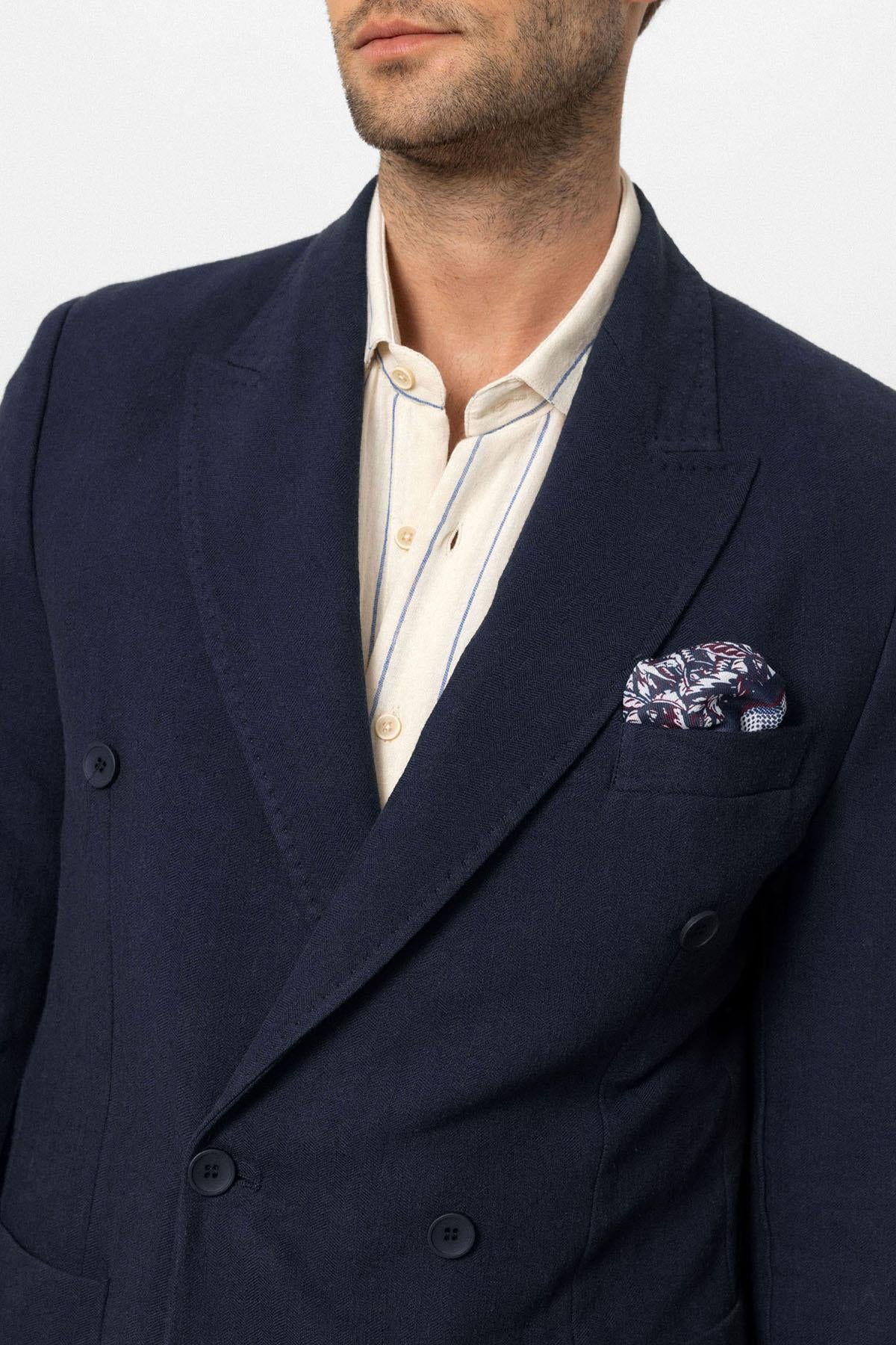 Antioch-Lacivert Kruvaze Kapama Keten Karışımlı Erkek Blazer Ceket-Ceket-4-Milagron.com