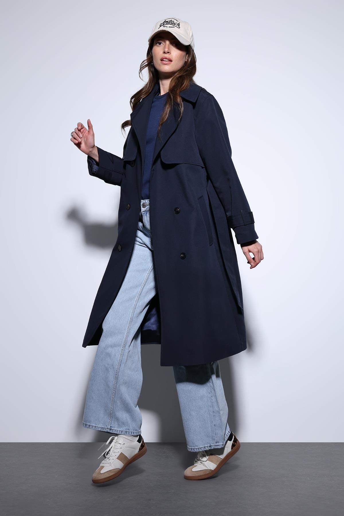 Antioch-Antioch Lacivert Kruvaze Kemerli Kadın Trençkot-Trençkot-1-Milagron.com