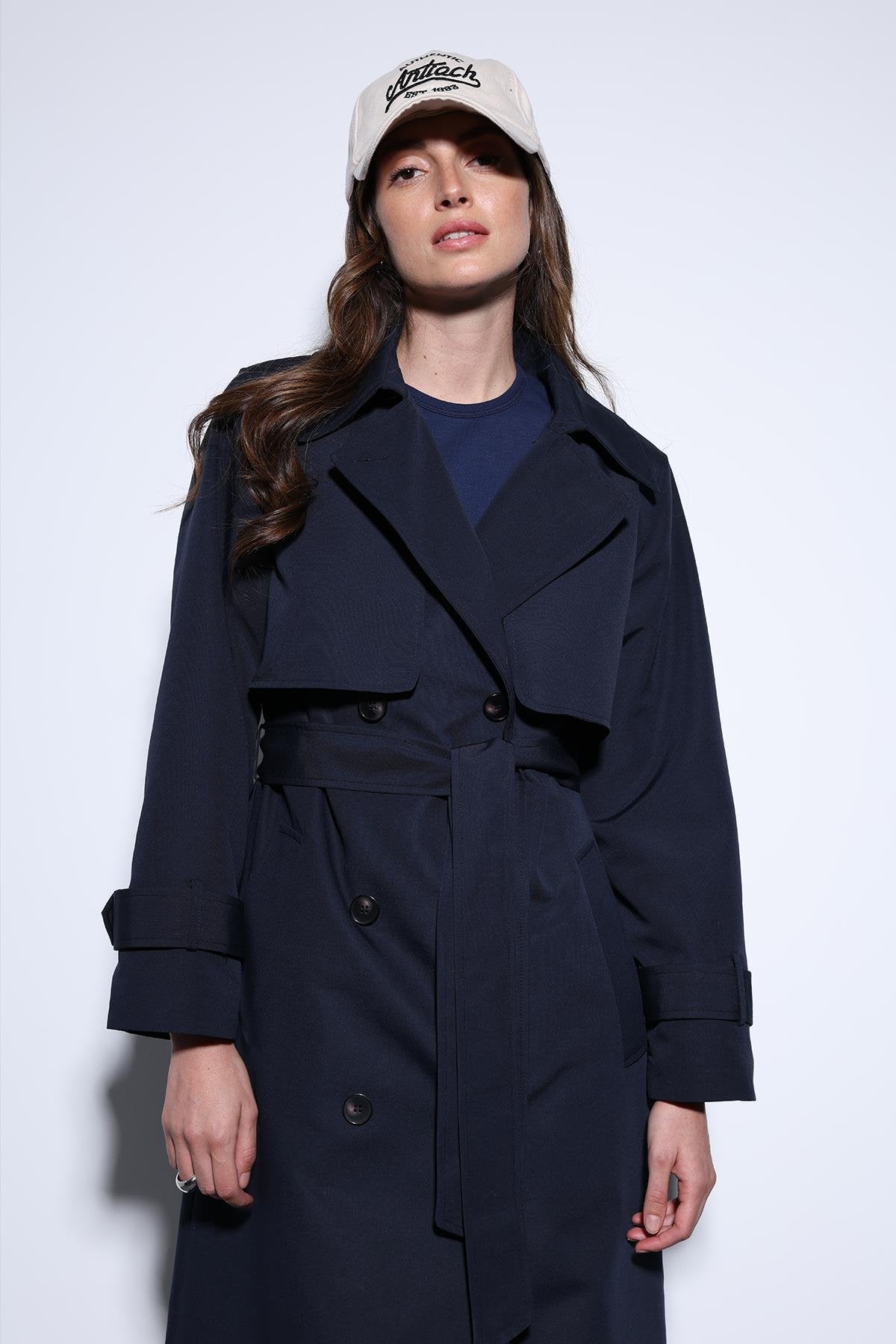 Antioch-Antioch Lacivert Kruvaze Kemerli Kadın Trençkot-Trençkot-2-Milagron.com