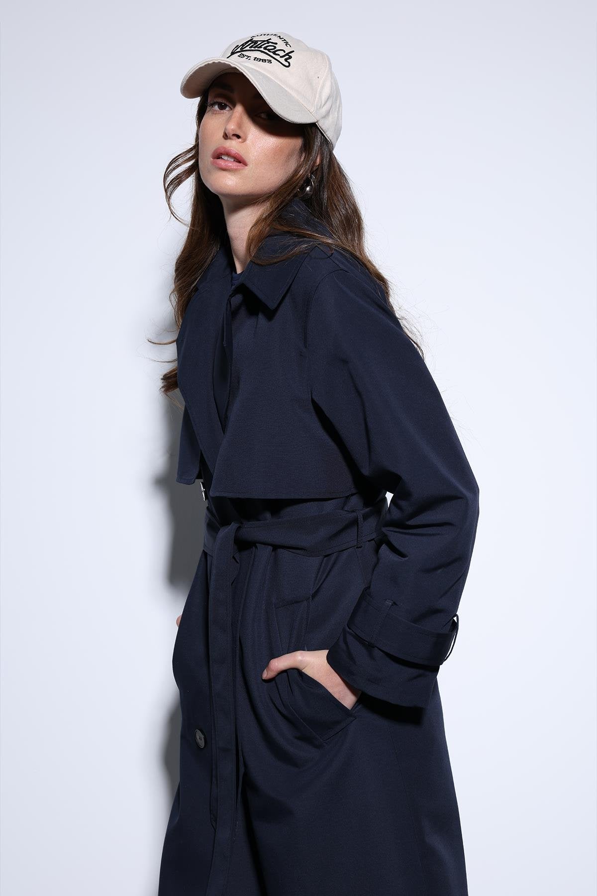 Antioch-Antioch Lacivert Kruvaze Kemerli Kadın Trençkot-Trençkot-3-Milagron.com