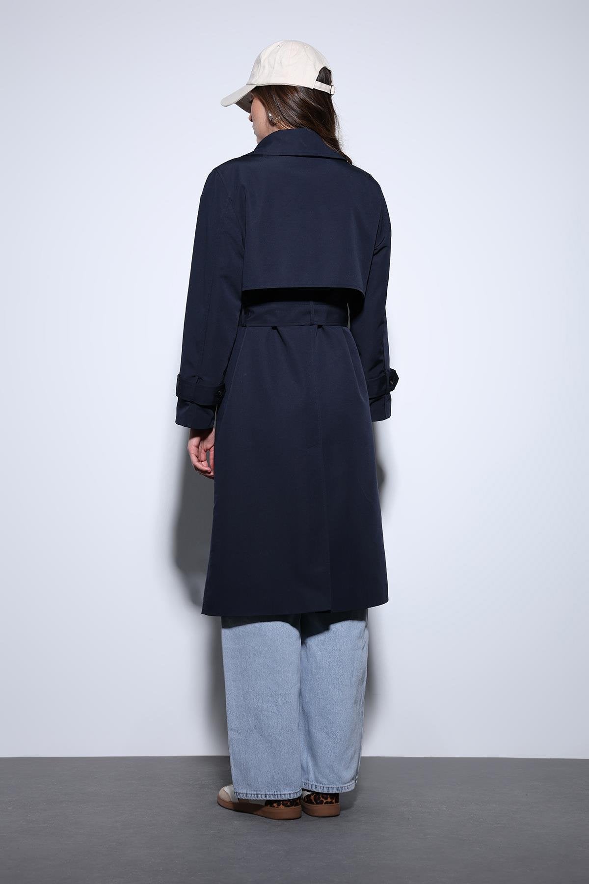 Antioch-Antioch Lacivert Kruvaze Kemerli Kadın Trençkot-Trençkot-5-Milagron.com