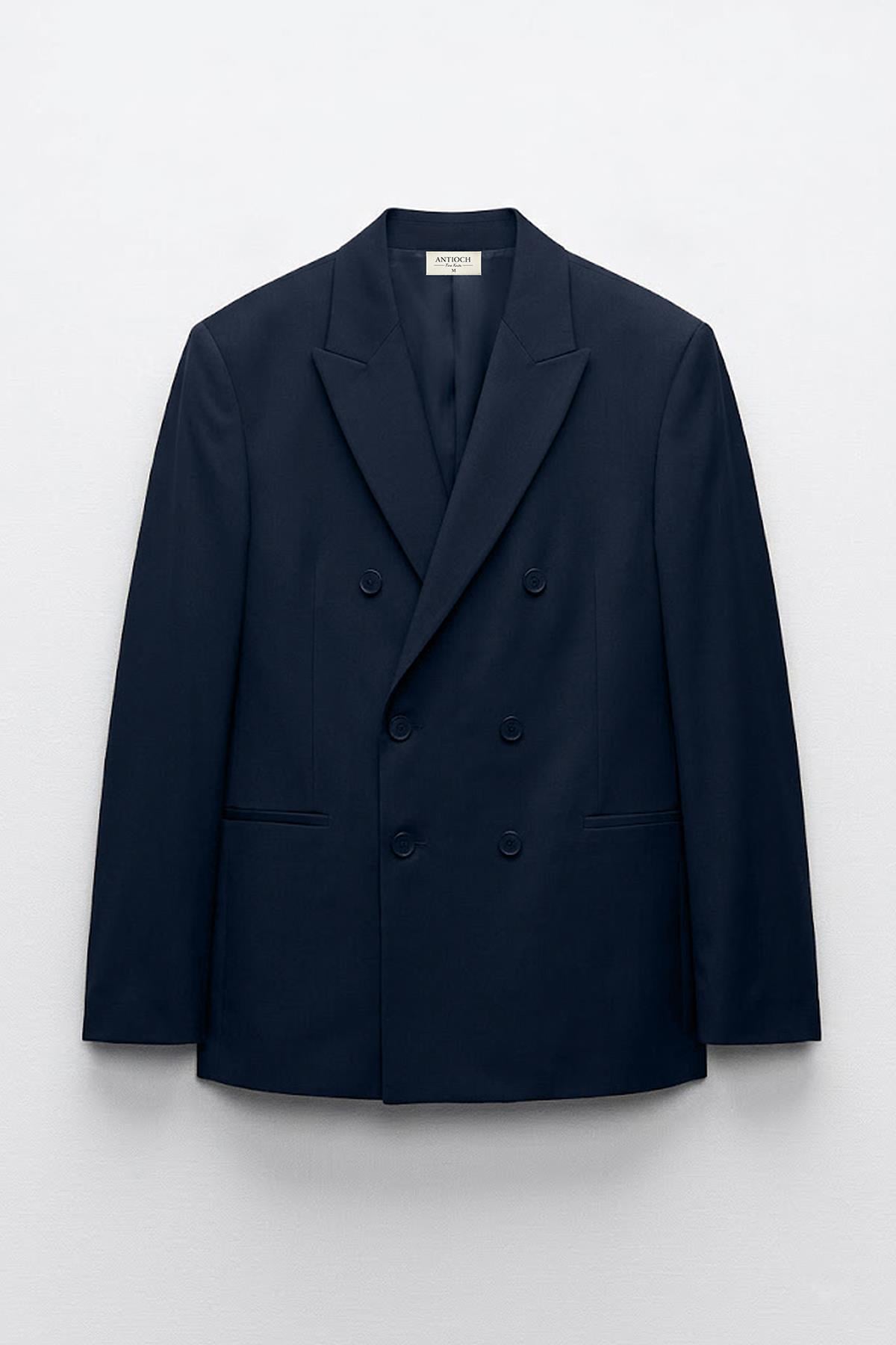Antioch Lacivert Kruvaze Relaxed Fit Erkek Blazer Ceket