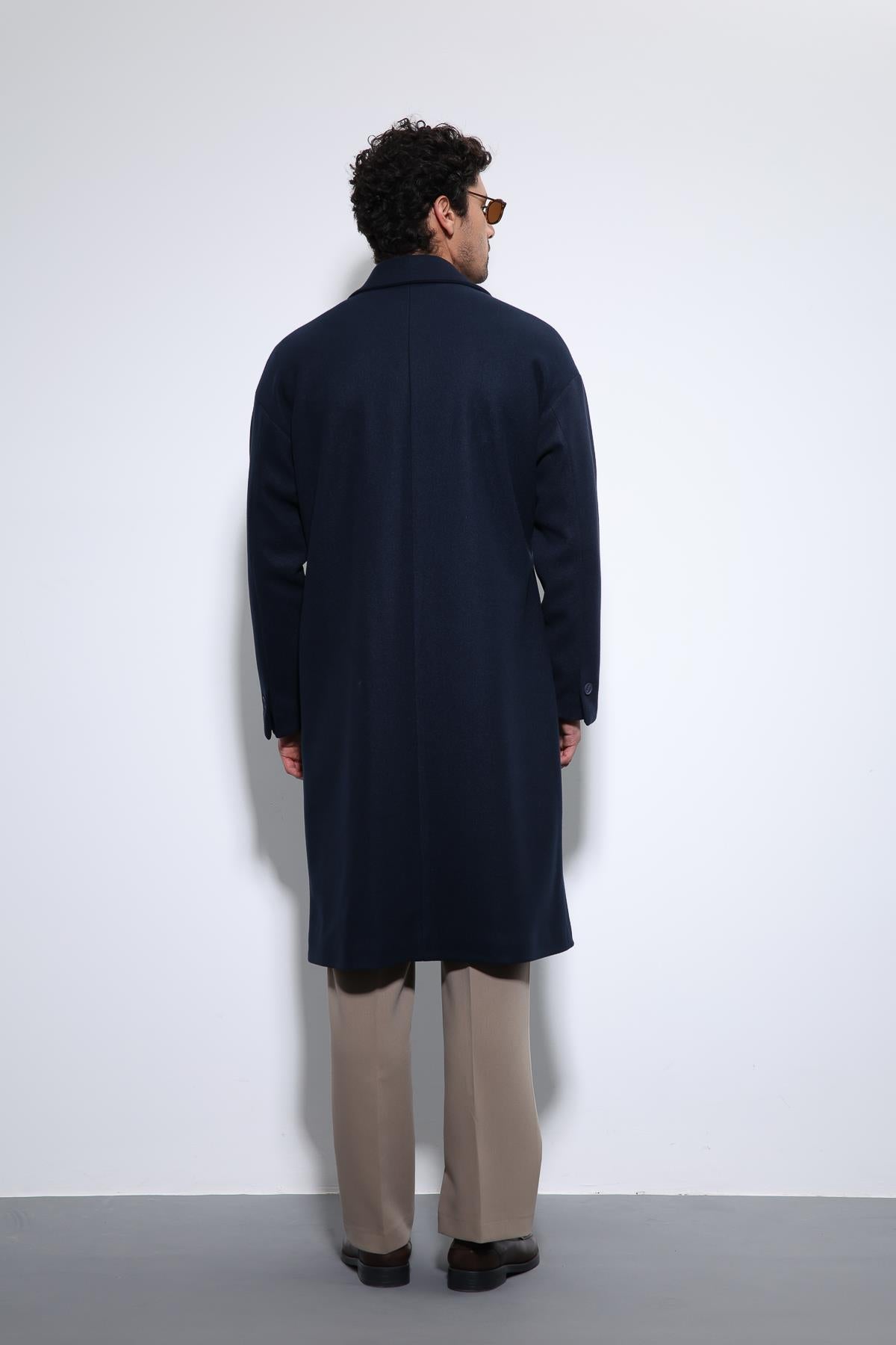 Antioch Lacivert Kuşaklı Oversize Erkek Kaban