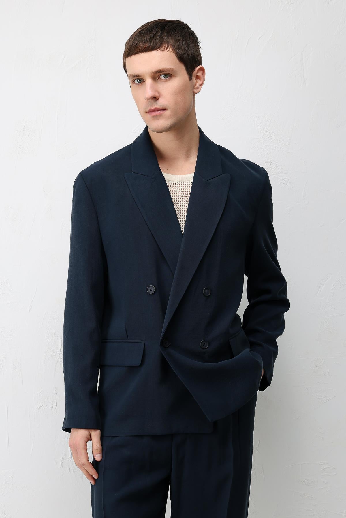 Antioch Lacivert Modal Karışımlı Relaxed Fit Erkek Blazer Ceket