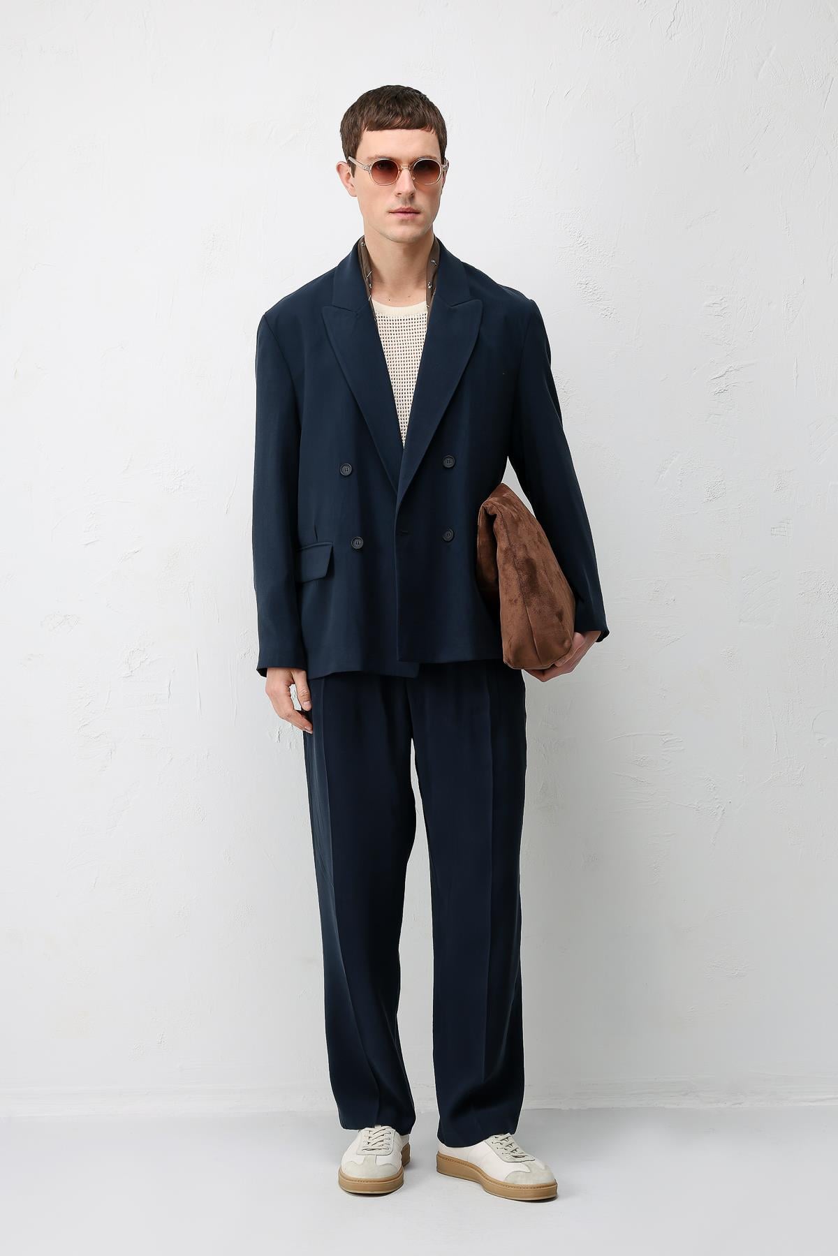 Antioch Lacivert Modal Karışımlı Relaxed Fit Erkek Blazer Ceket