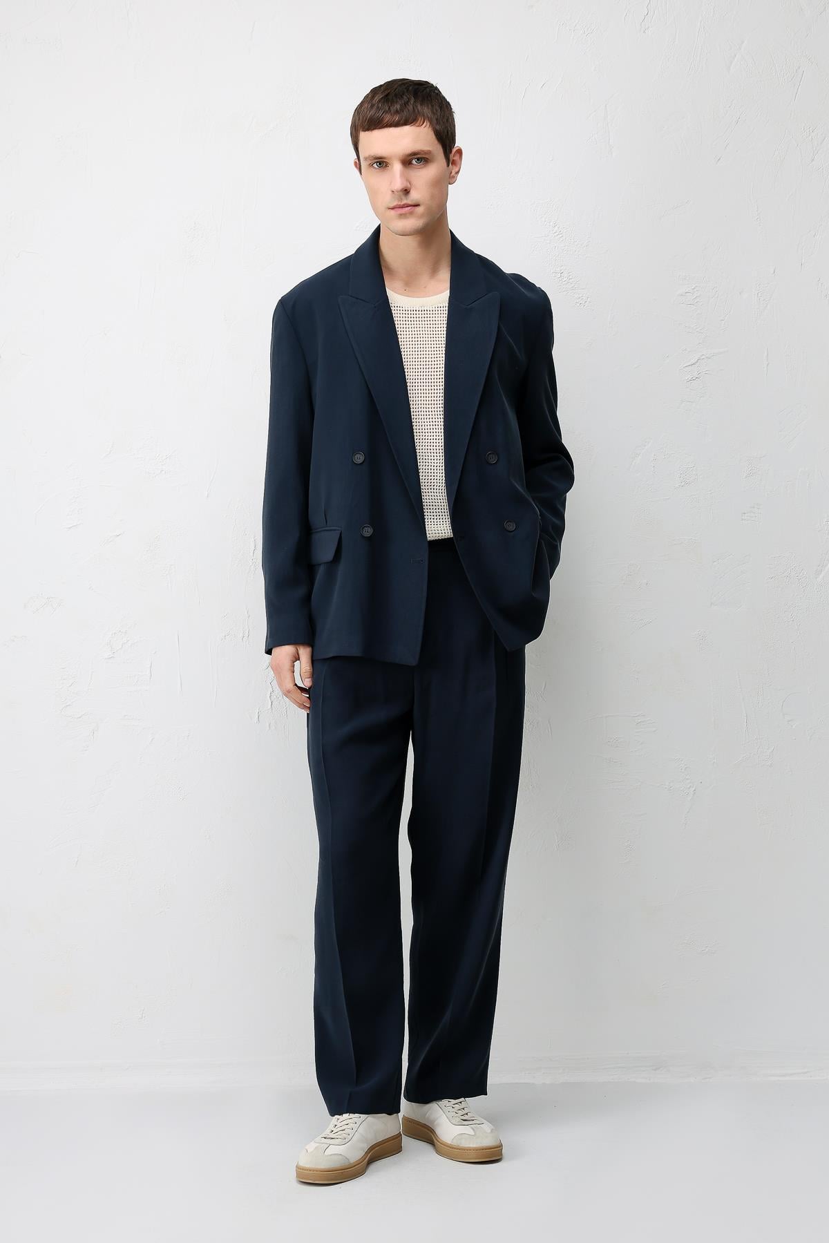 Antioch Lacivert Modal Karışımlı Relaxed Fit Erkek Blazer Ceket