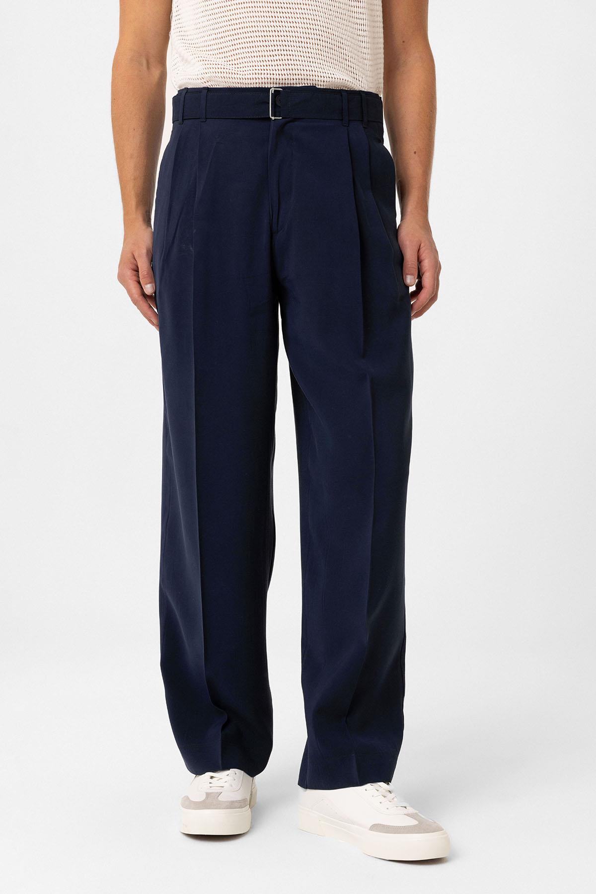 Antioch-Lacivert Modal Kumaş Relax Fit Kemerli Erkek Pantolon-Kumaş Pantolon-1-Milagron.com