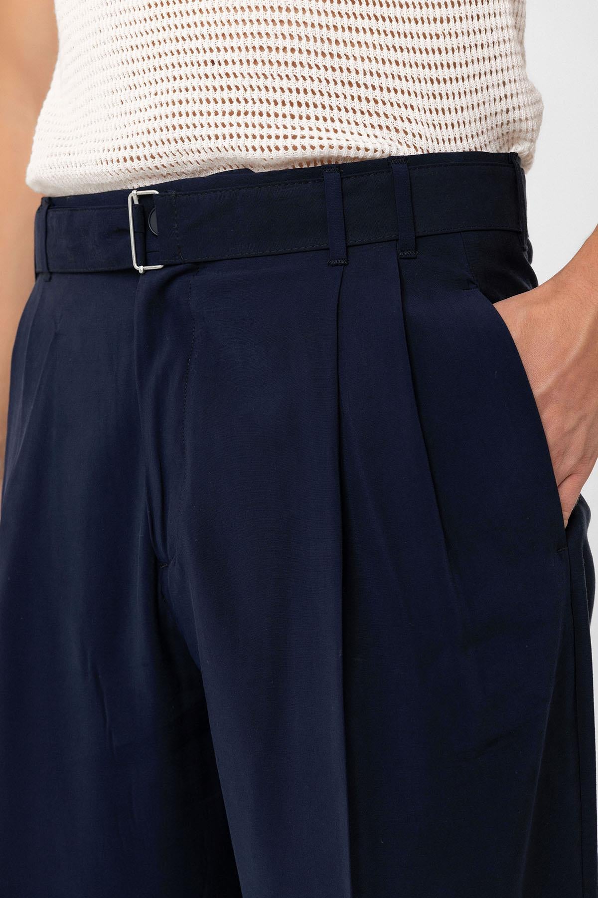 Antioch-Lacivert Modal Kumaş Relax Fit Kemerli Erkek Pantolon-Kumaş Pantolon-4-Milagron.com