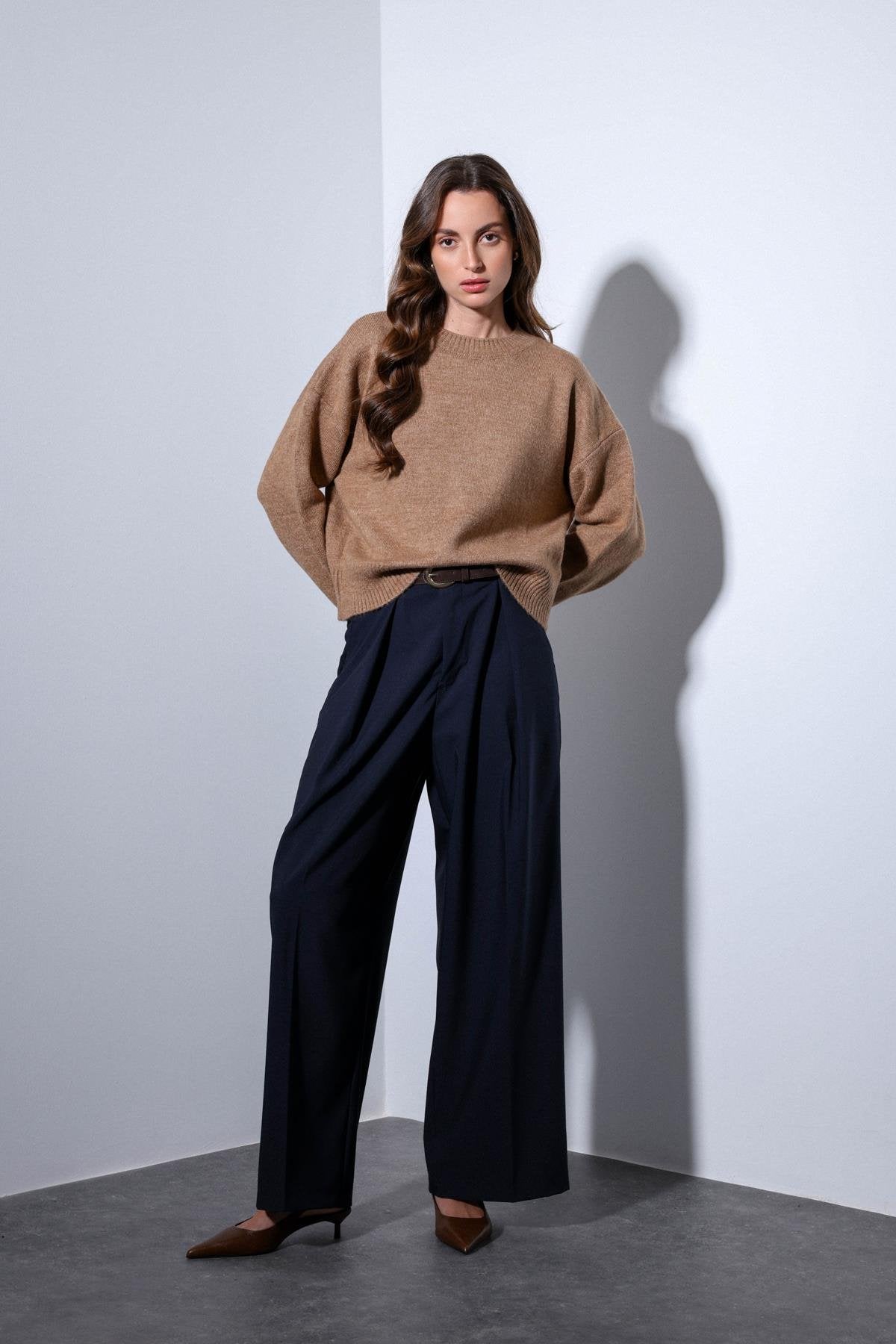 Antioch-Antioch Lacivert Pileli Geniş Kadın Pantolon-Kumaş Pantolon-2-Milagron.com