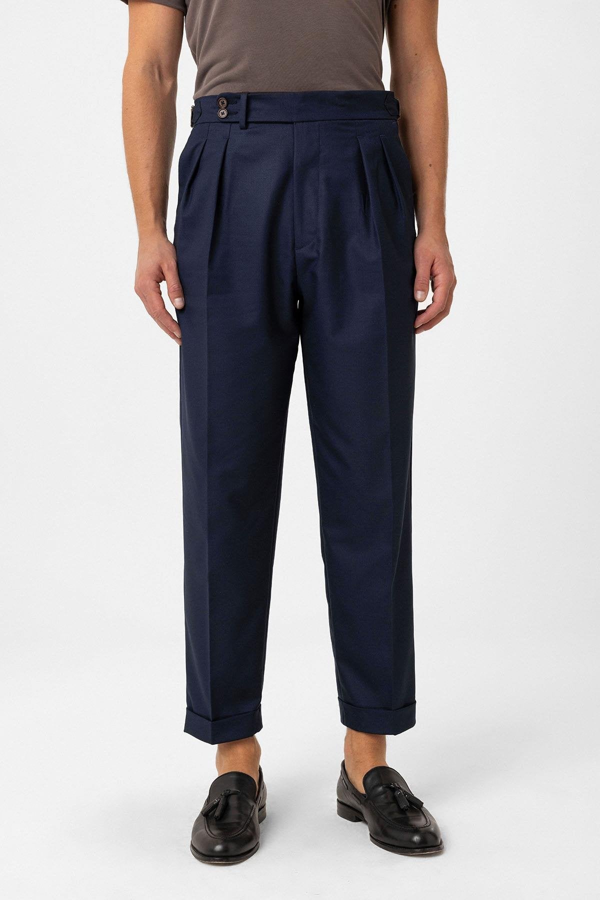 Antioch-Lacivert Pileli Yüksek Bel Erkek Pantolon-Kumaş Pantolon-1-Milagron.com