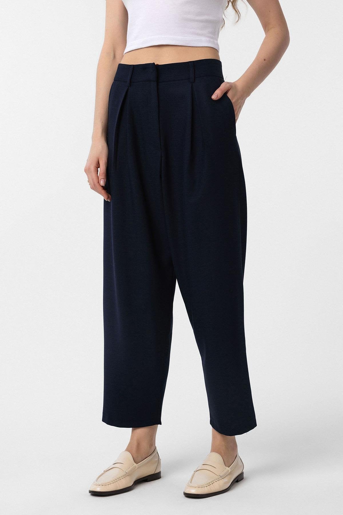 Antioch-Lacivert Pilili Soft Bilek Boyu Kadın Pantolon-Kumaş Pantolon-1-Milagron.com