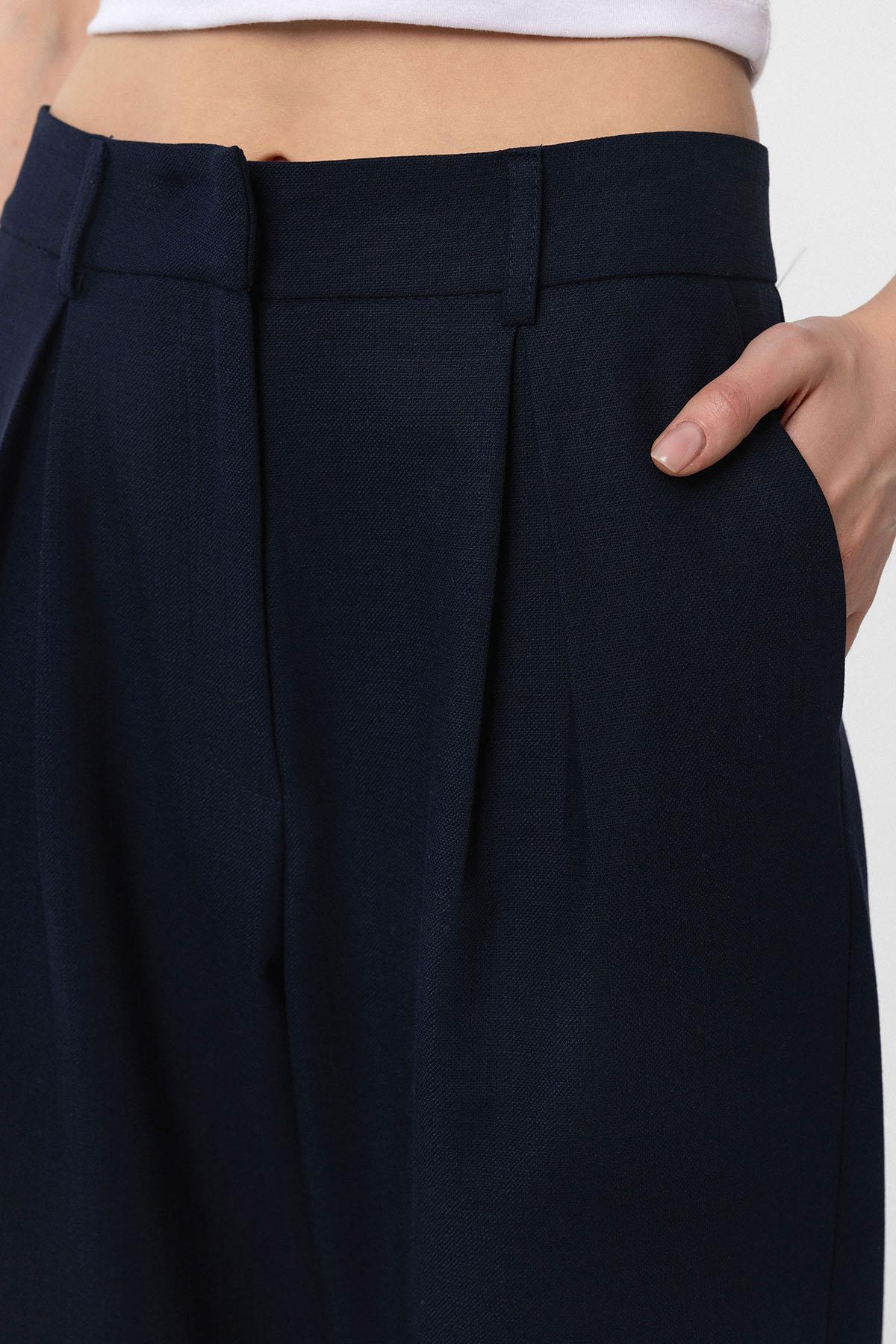 Antioch-Lacivert Pilili Soft Bilek Boyu Kadın Pantolon-Kumaş Pantolon-3-Milagron.com