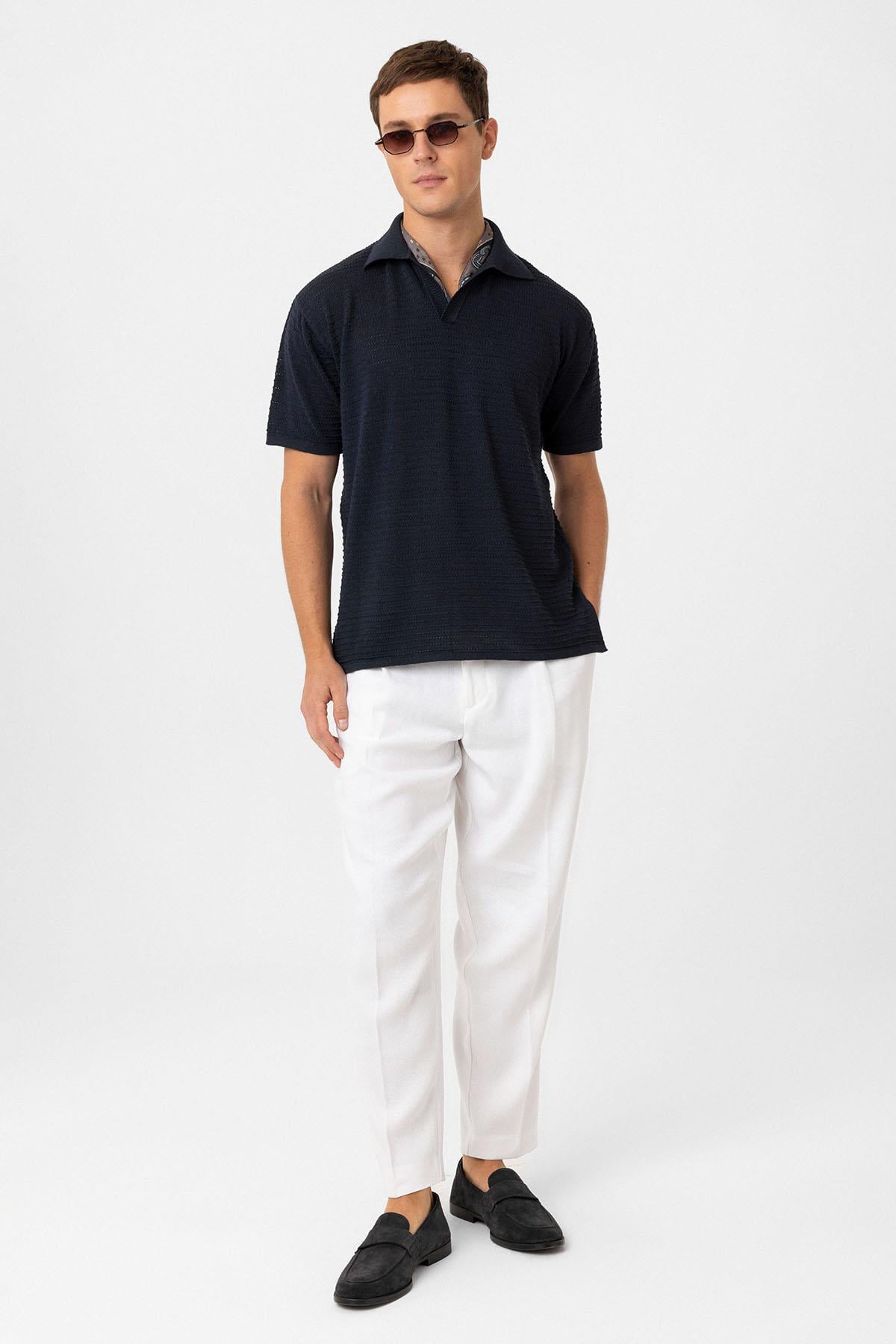 Antioch Lacivert Polo Yaka Dokulu Erkek Triko T-Shirt