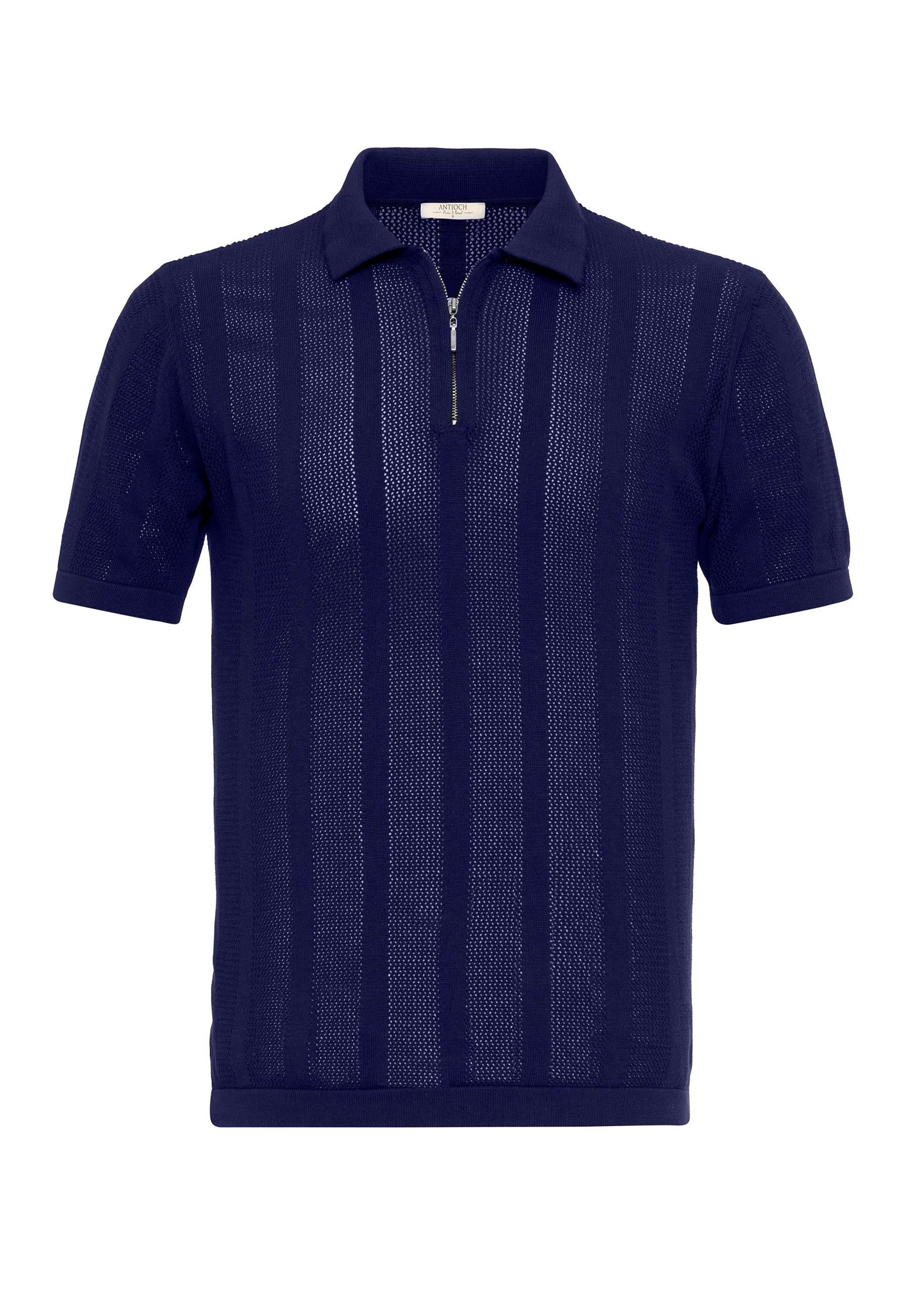 Antioch-Lacivert Polo Yaka Fermuarlı Örme Erkek T Shirt-T-Shirts-6-Milagron.com
