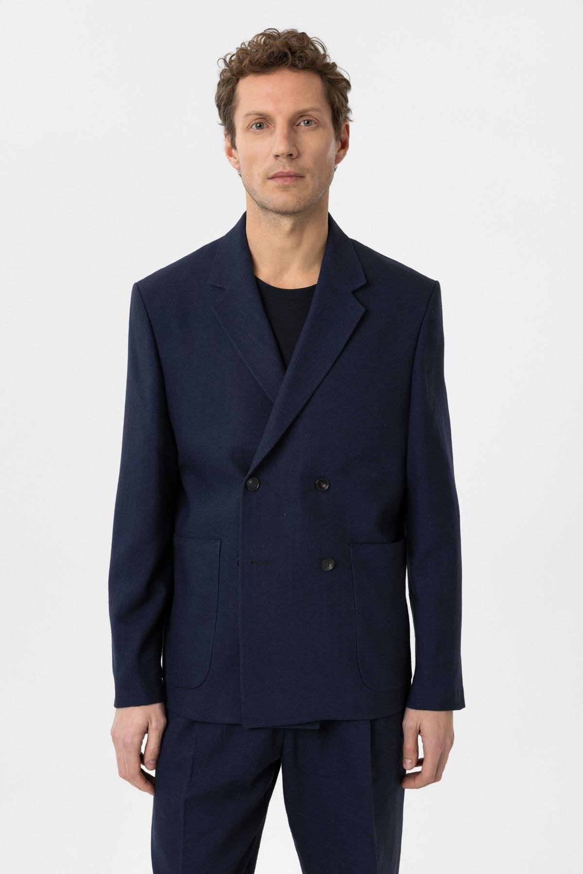 Antioch-Lacivert Relax Fit Keten Karışımlı Erkek Blazer Ceket-Blazer Ceket-1-Milagron.com