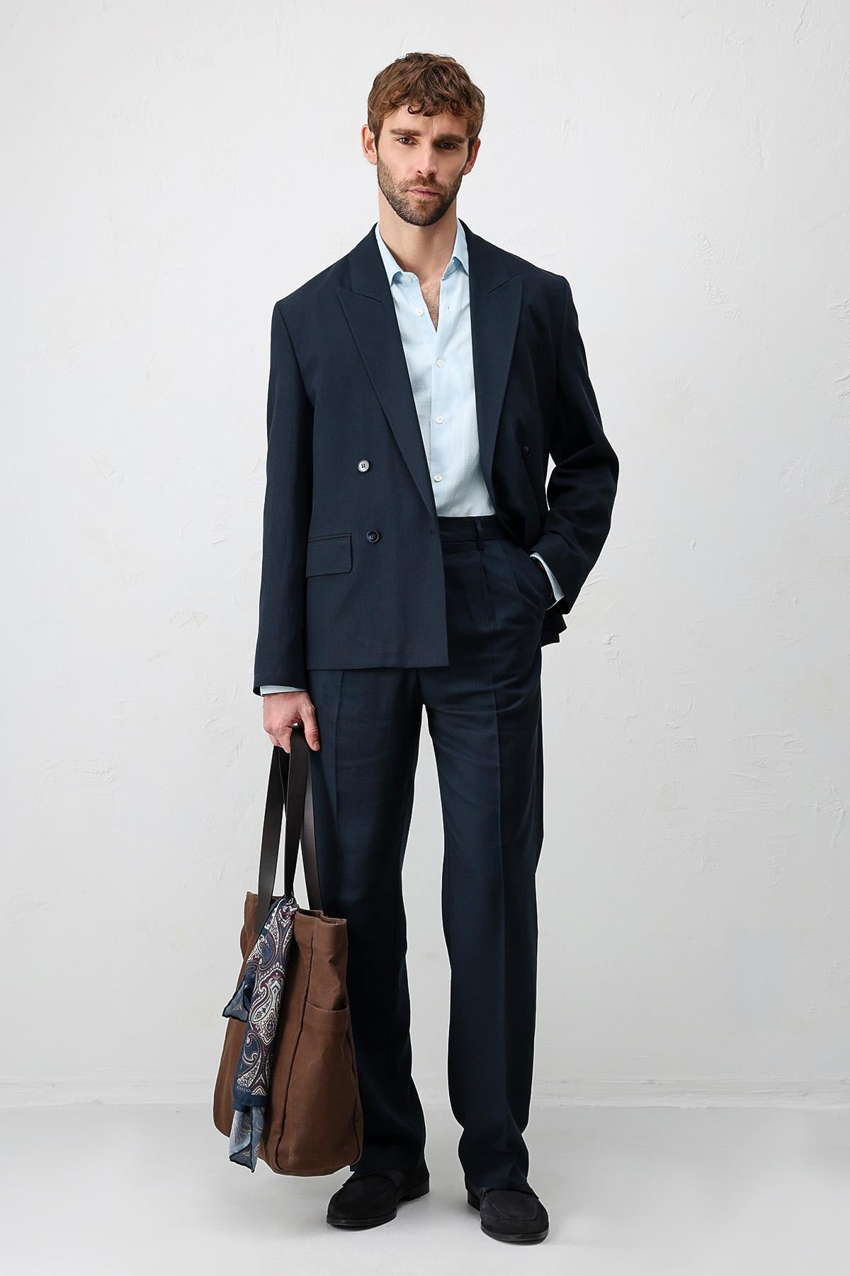 Antioch Lacivert Relax Fit Keten Karışımlı Erkek Blazer Ceket