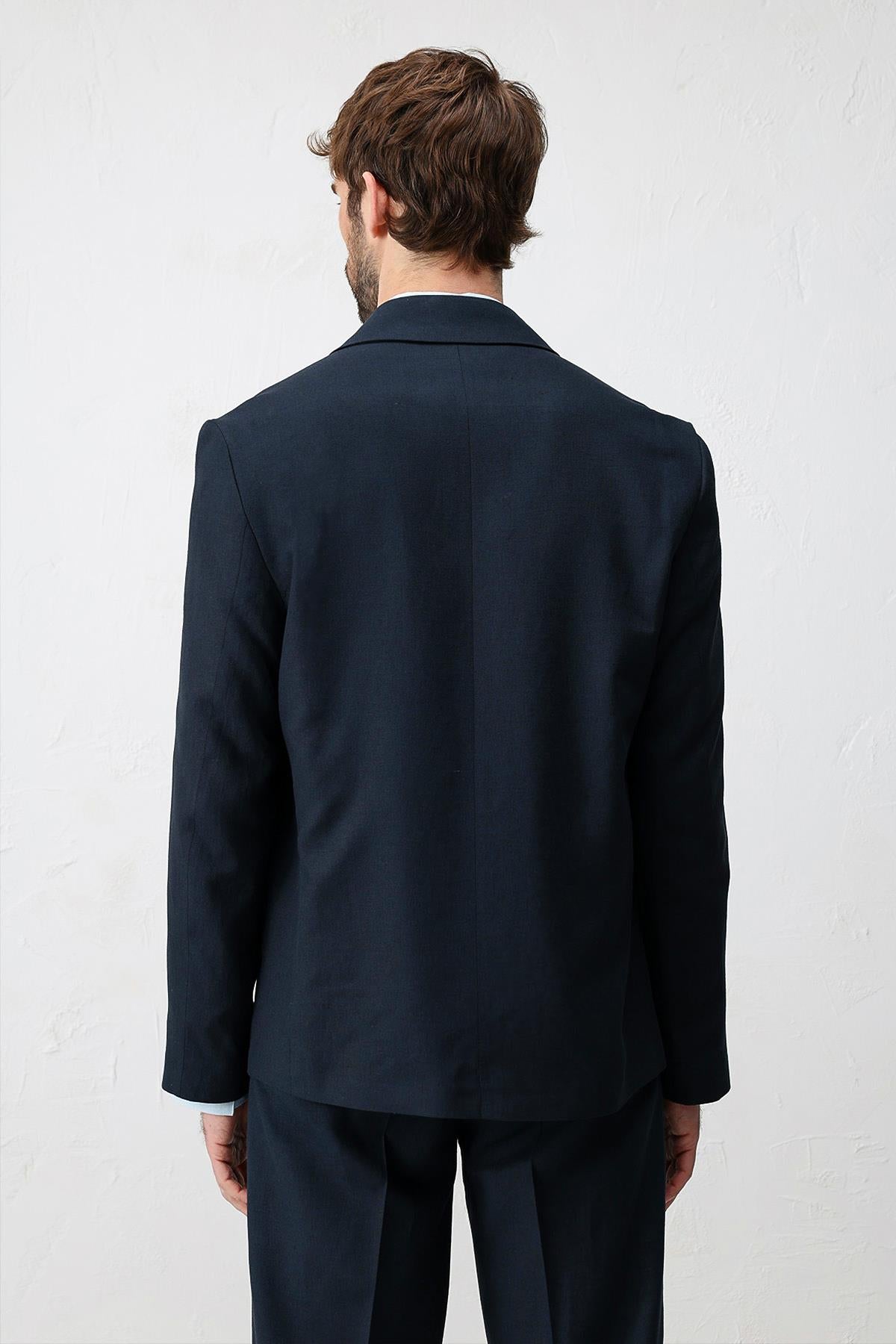 Antioch Lacivert Relax Fit Keten Karışımlı Erkek Blazer Ceket