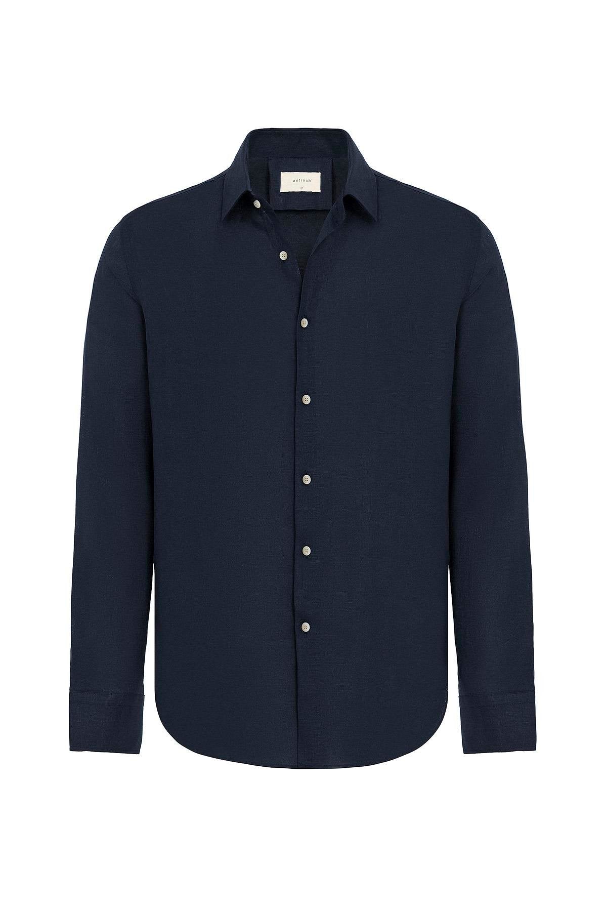 Antioch-Lacivert Relax Fit Keten Karışımlı Erkek Gömlek-Gömlek-5-Milagron.com