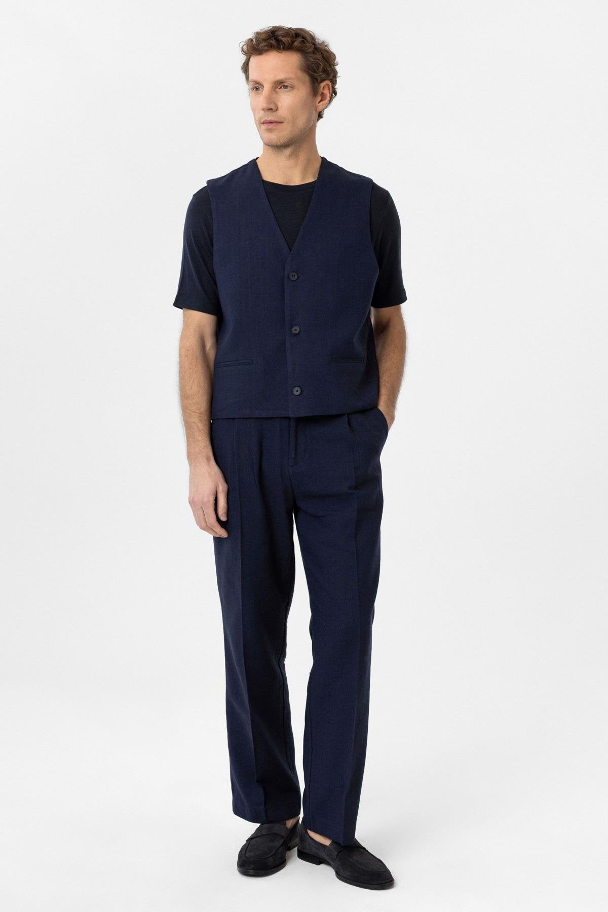 Antioch-Lacivert Relax Fit Keten Karışımlı Erkek Yelek-Yelek-2-Milagron.com