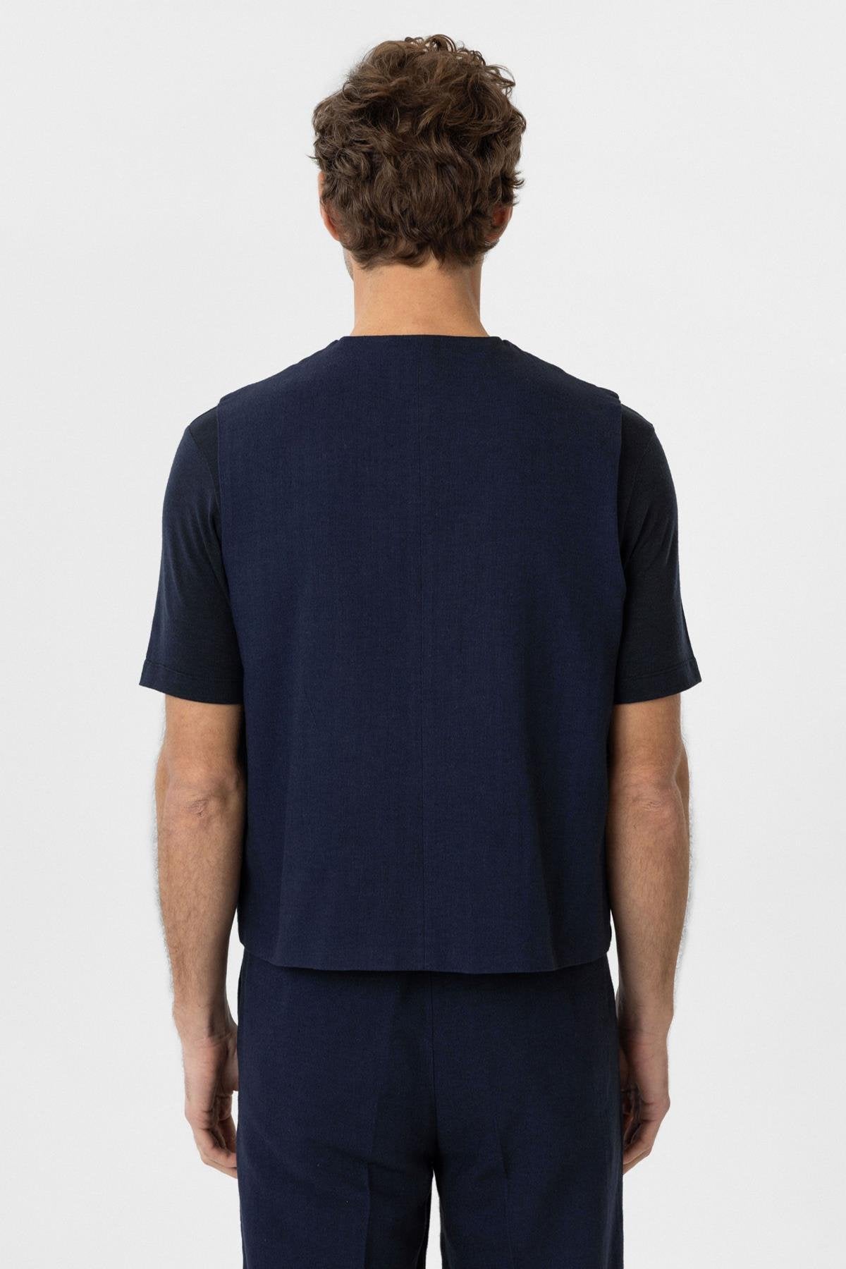 Antioch-Lacivert Relax Fit Keten Karışımlı Erkek Yelek-Yelek-4-Milagron.com