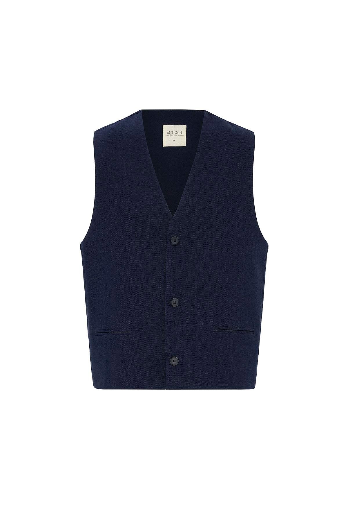 Antioch-Lacivert Relax Fit Keten Karışımlı Erkek Yelek-Yelek-5-Milagron.com