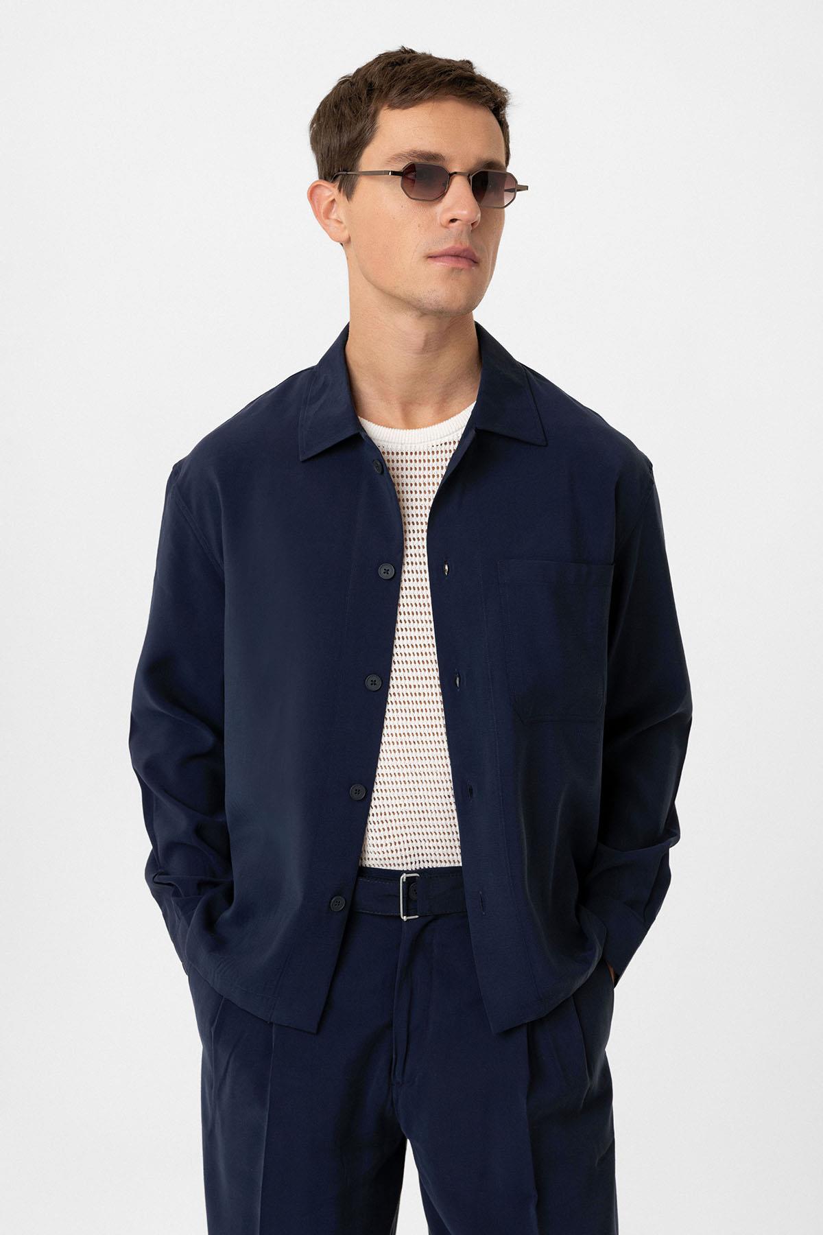 Antioch-Lacivert Relax Fit Modal Kumaş Erkek Gömlek-Gömlek-1-Milagron.com