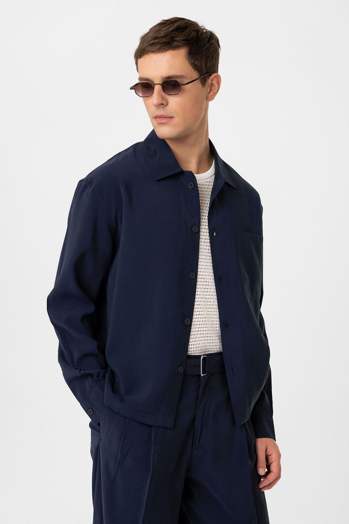 Antioch-Lacivert Relax Fit Modal Kumaş Erkek Gömlek-Gömlek-2-Milagron.com