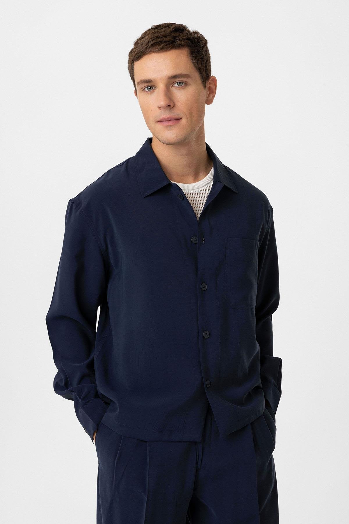 Antioch-Lacivert Relax Fit Modal Kumaş Erkek Gömlek-Gömlek-4-Milagron.com