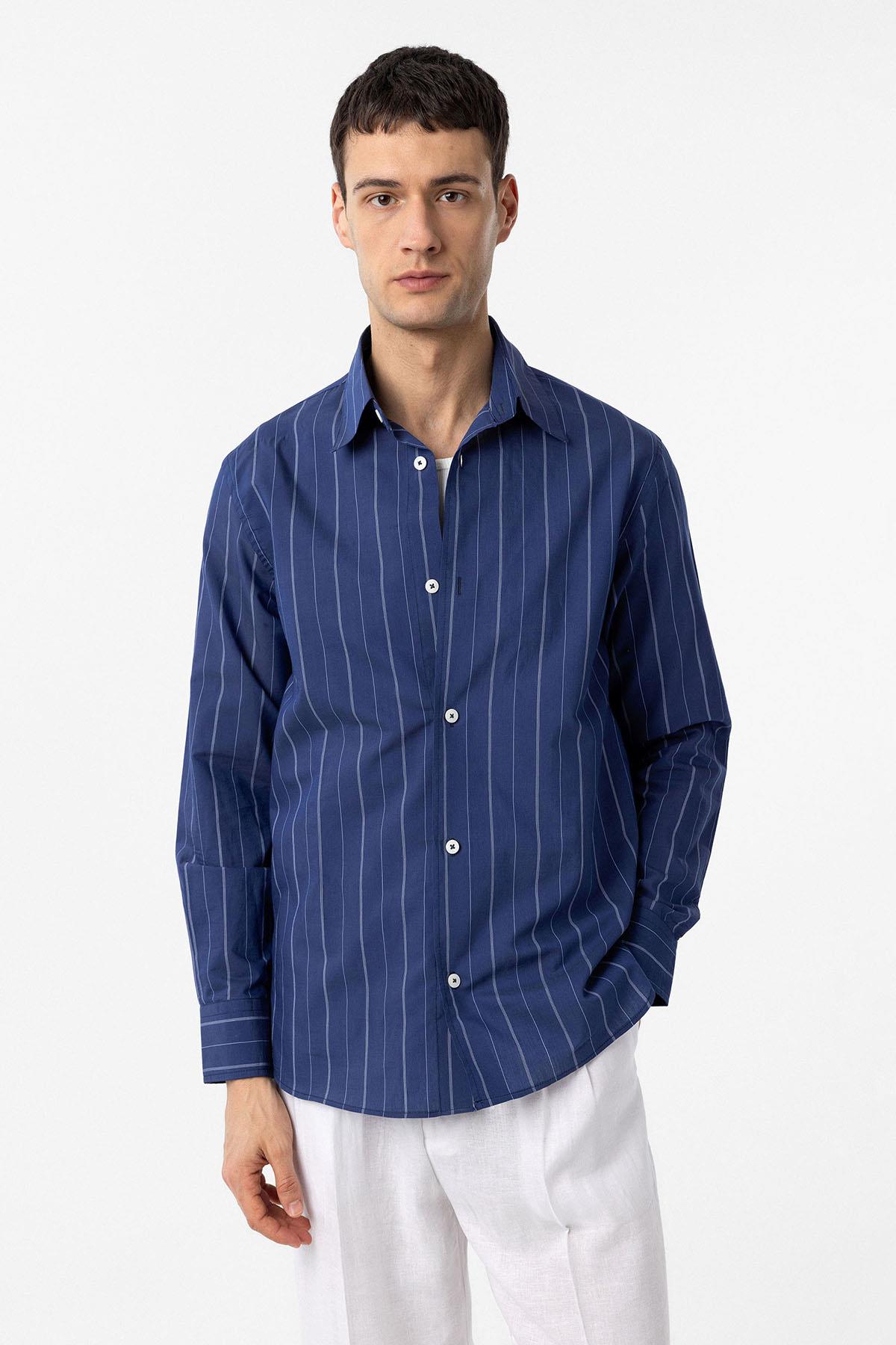 Antioch-Lacivert Relaxed Çizgili Erkek Gömlek-Gömlek-1-Milagron.com