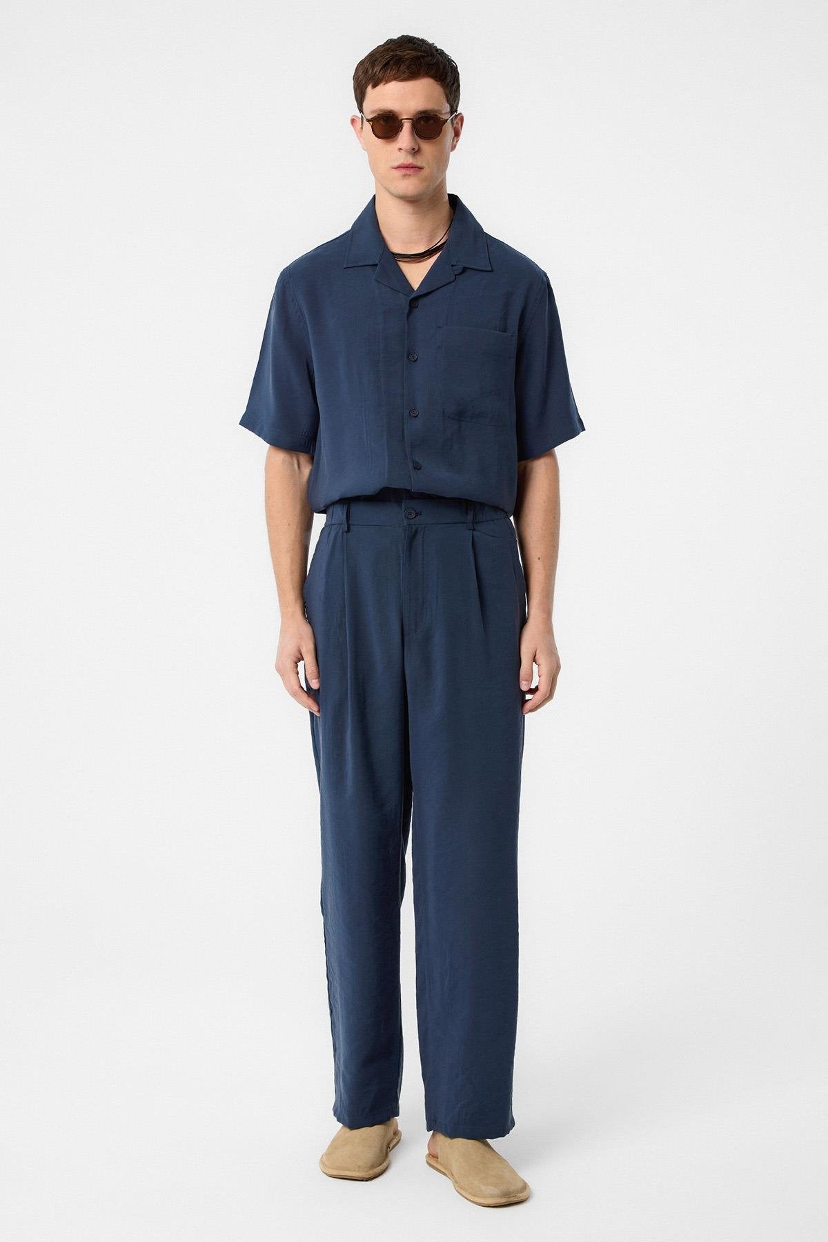 Antioch-Antioch Lacivert Relaxed Modal Kumaş Yüksek Bel Erkek Pantolon-Kumaş Pantolon-1-Milagron.com