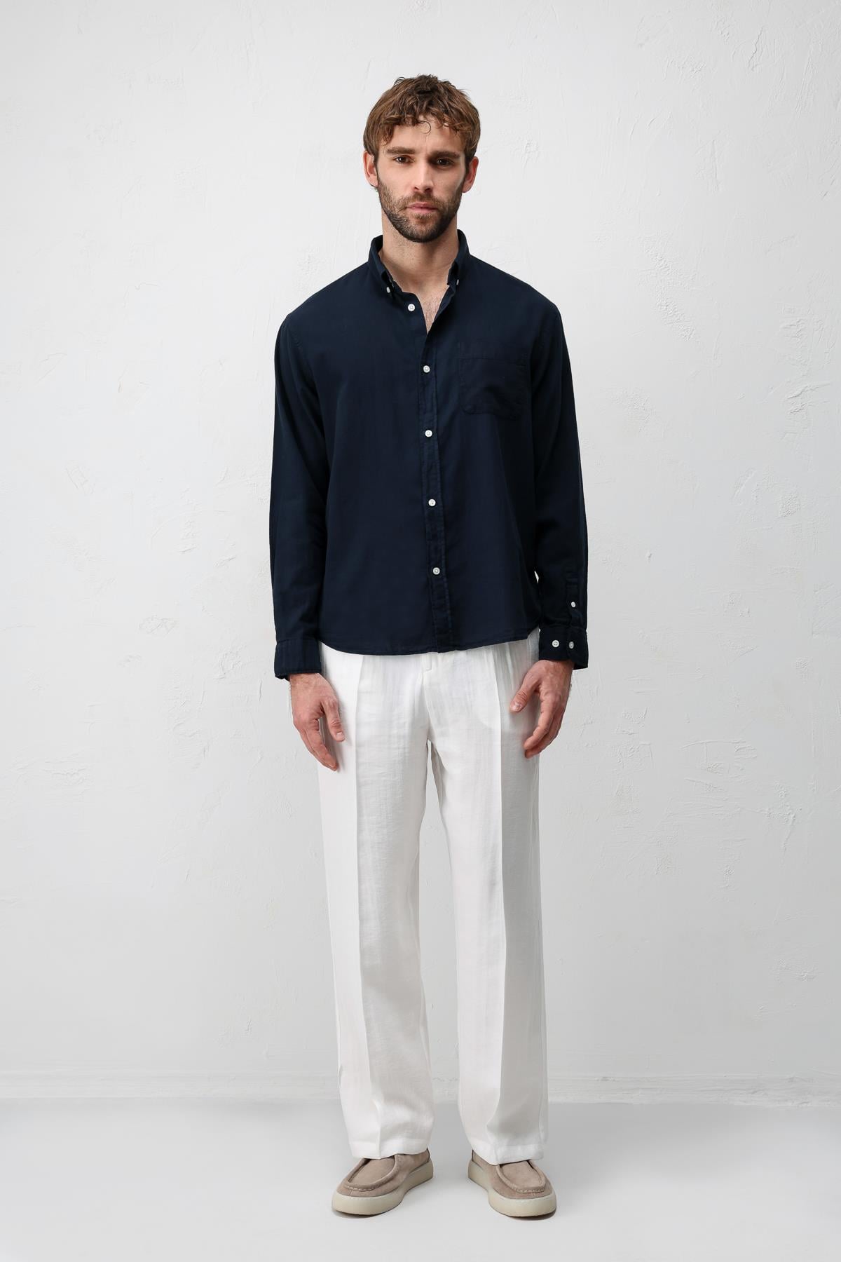 Antioch Lacivert Yaka Düğmeli Pamuklu Erkek Gömlek
