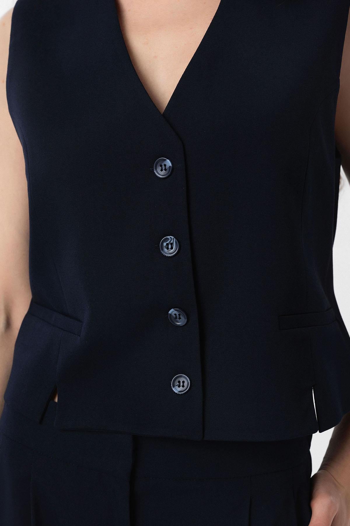 Antioch-Lacivert Yırtmaçlı Kadın Yelek-Yelek-3-Milagron.com