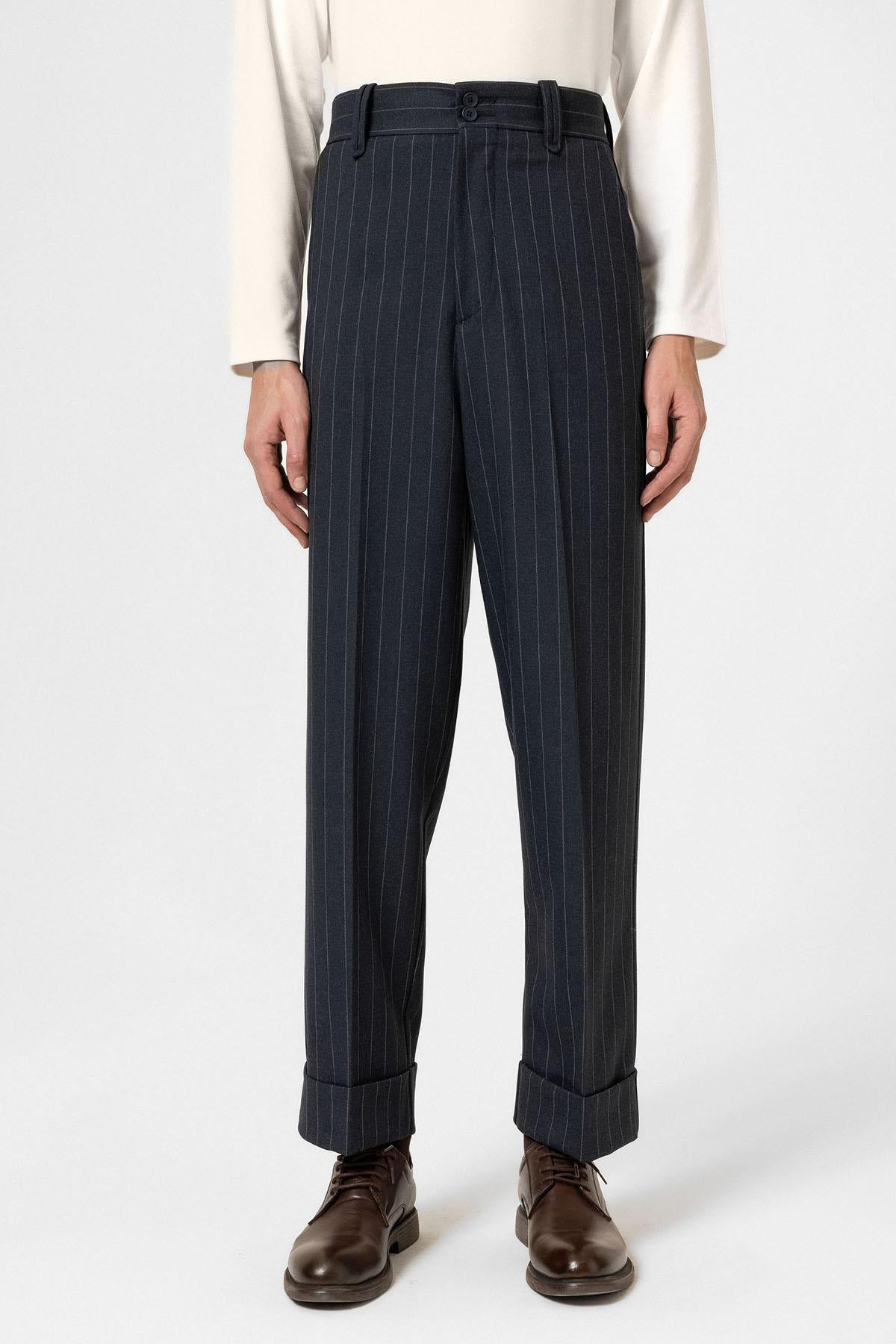 Antioch-Lacivert Yüksek Bel Çizgili Relaxed Fit Erkek Pantolon-Kumaş Pantolon-1-Milagron.com