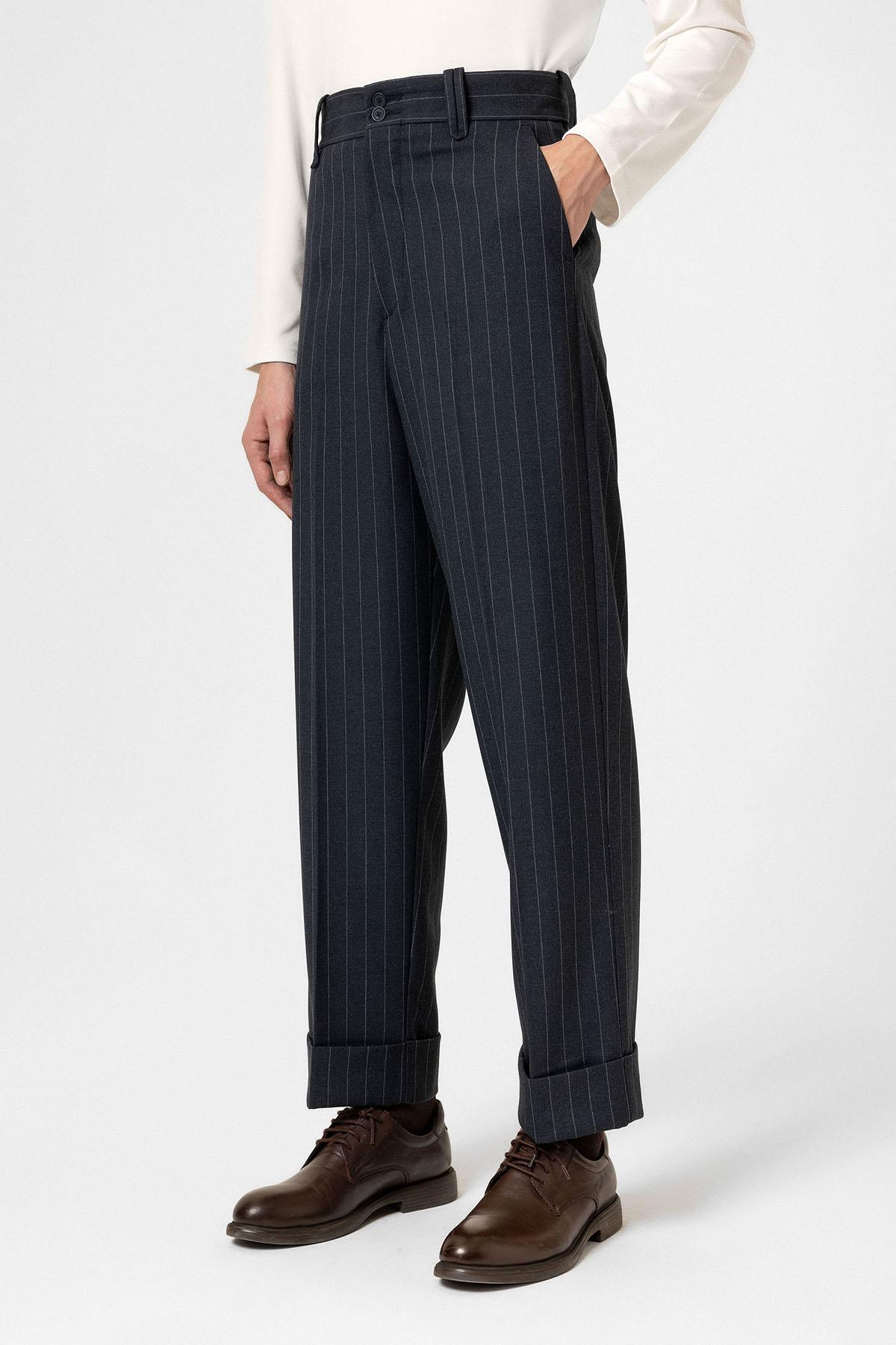 Antioch-Lacivert Yüksek Bel Çizgili Relaxed Fit Erkek Pantolon-Kumaş Pantolon-3-Milagron.com