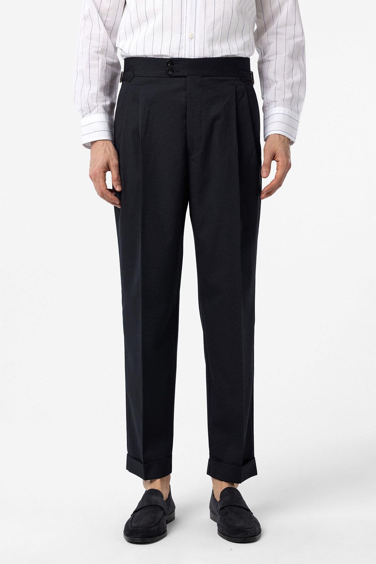 Antioch-Lacivert Yüksek Bel İtalyan Kalıp Pileli Erkek Pantolon-Kumaş Pantolon-1-Milagron.com