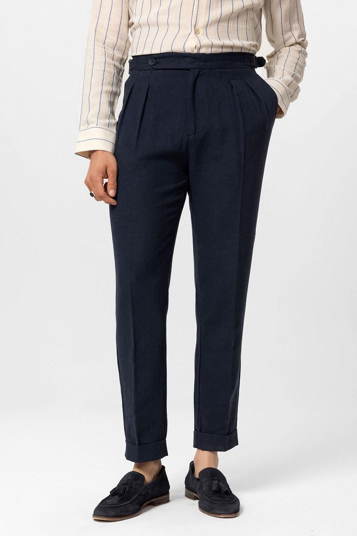 Antioch-Lacivert Yüksek Bel Keten Karışımlı Duble Paça Erkek Pantolon-Pantolon-1-Milagron.com