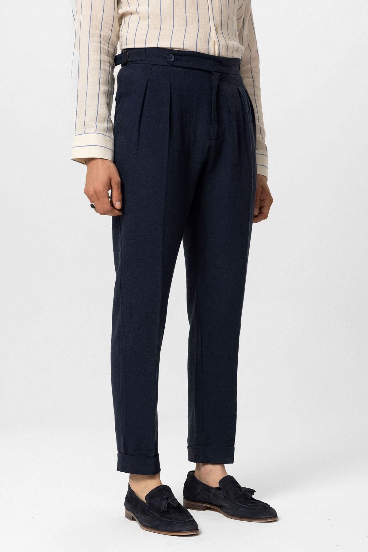 Antioch-Lacivert Yüksek Bel Keten Karışımlı Duble Paça Erkek Pantolon-Pantolon-2-Milagron.com