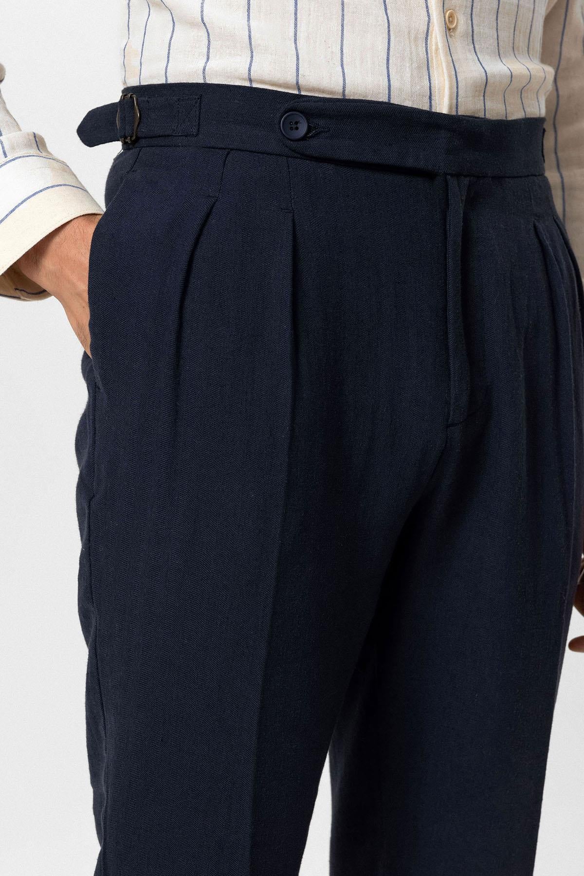 Antioch-Lacivert Yüksek Bel Keten Karışımlı Duble Paça Erkek Pantolon-Pantolon-3-Milagron.com