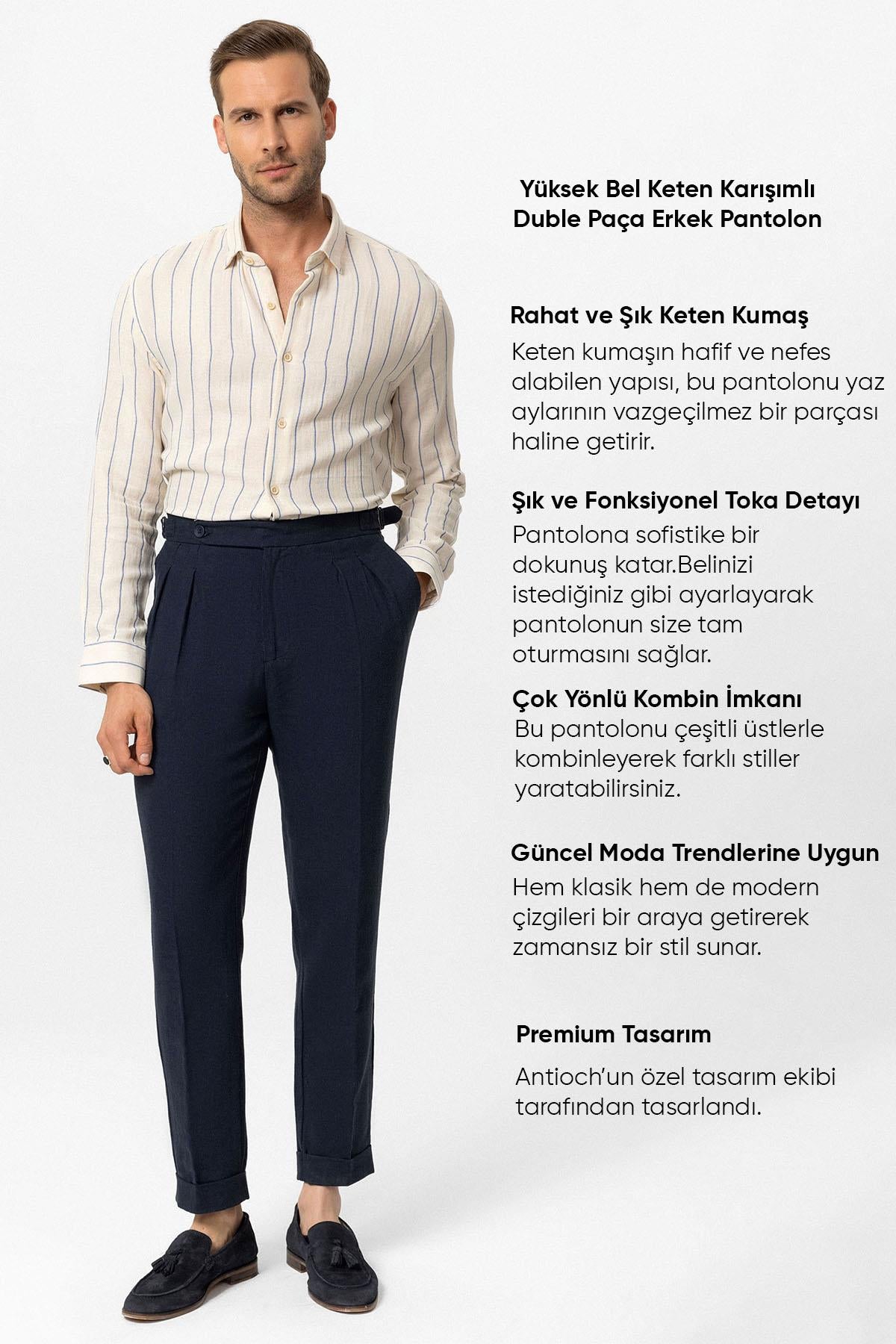 Antioch-Lacivert Yüksek Bel Keten Karışımlı Duble Paça Erkek Pantolon-Pantolon-4-Milagron.com