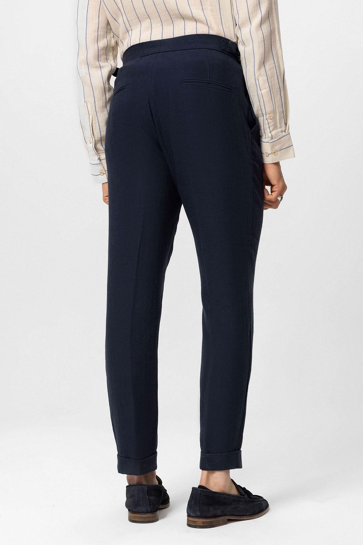 Antioch-Lacivert Yüksek Bel Keten Karışımlı Duble Paça Erkek Pantolon-Pantolon-5-Milagron.com