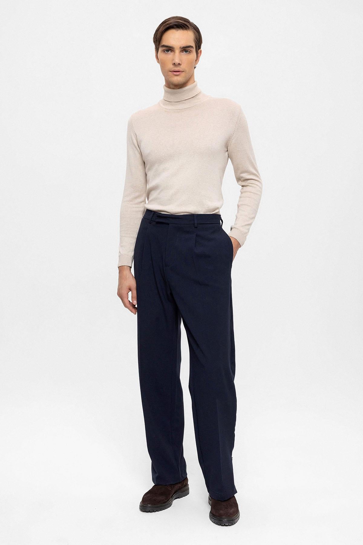 Antioch-Lacivert Yüksek Bel Paça Fermuarlı Erkek Pantolon-Pantolon-2-Milagron.com