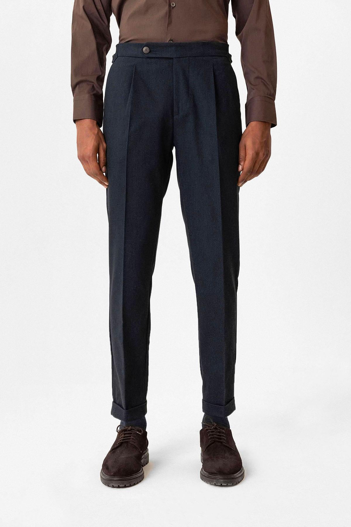 Antioch-Lacivert Yüksek Bel Pileli Duble Paça Erkek Pantolon-Pantolon-1-Milagron.com