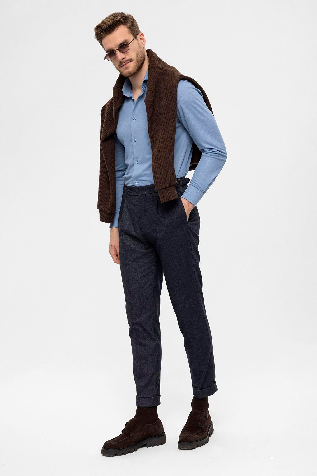 Antioch-Lacivert Yüksek Bel Pileli Erkek Pantolon-Kumaş Pantolon-1-Milagron.com