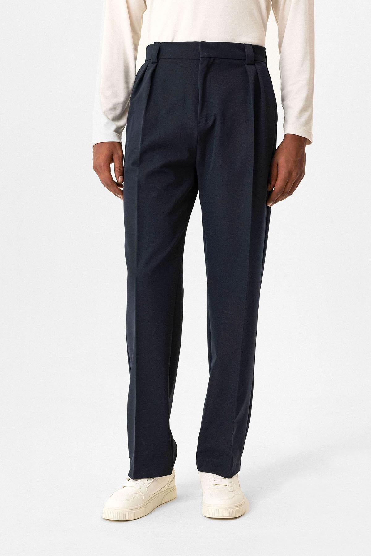 Antioch-Lacivert Yüksek Bel Pileli Relaxed Fit Baggy Erkek Pantolon-Pantolon-1-Milagron.com